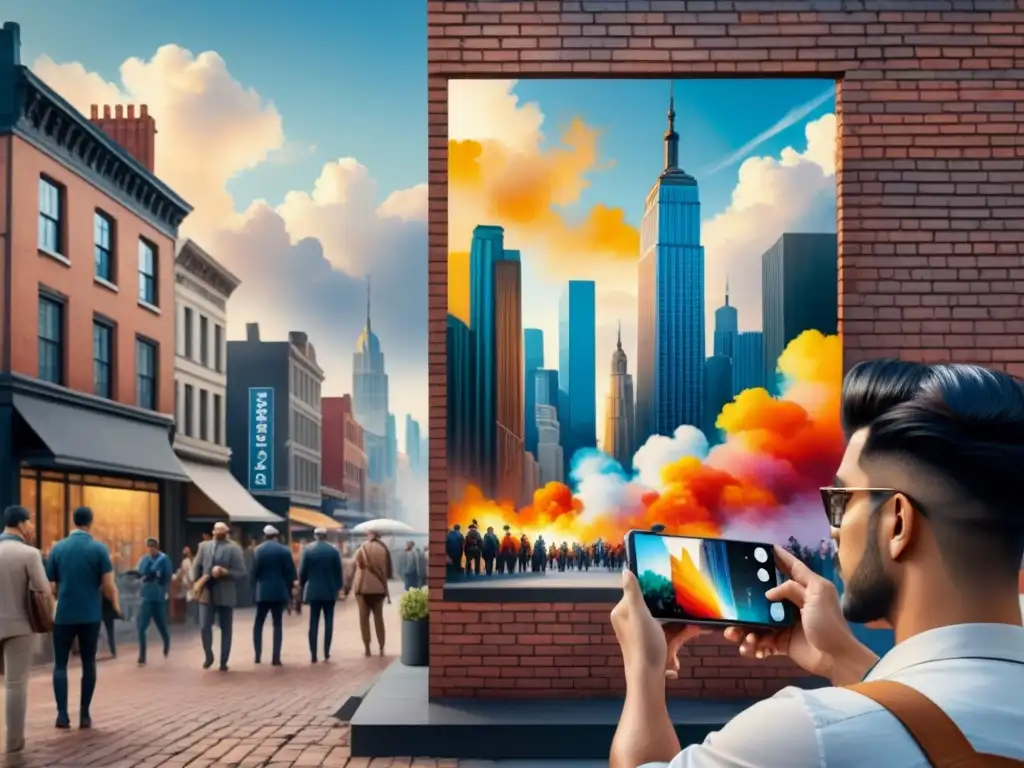 Una escena urbana vibrante donde el arte visual en la era digital se entrelaza con lo tradicional, en una intersección de creatividad y modernidad