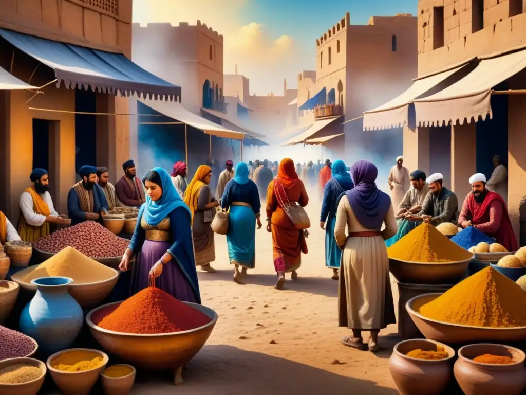 Escena vibrante de un antiguo mercado en Mesopotamia, reflejando la importancia cultural de los pigmentos en el arte visual