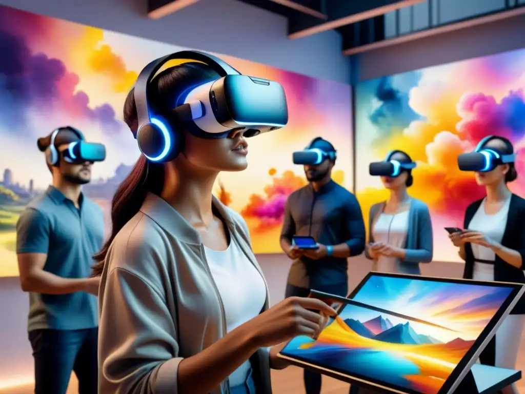 Una escena vibrante de aprendizaje de arte en realidad virtual, donde estudiantes crean en un estudio digital futurista
