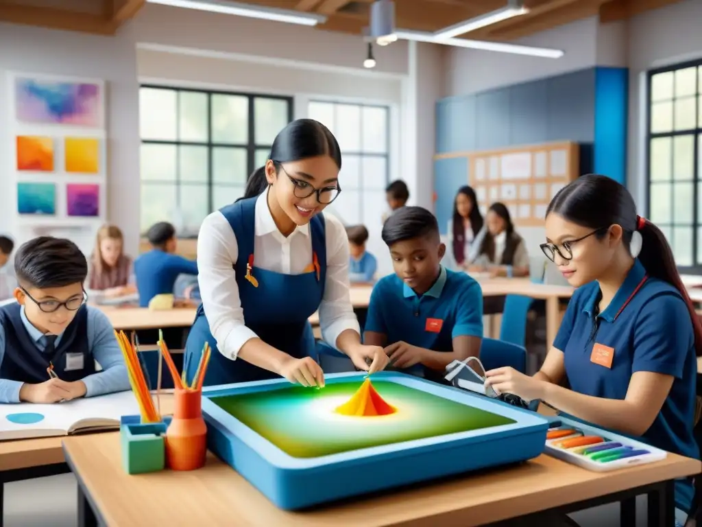 Una escena vibrante de impresión 3D educación arte en un aula llena de creatividad y tecnología