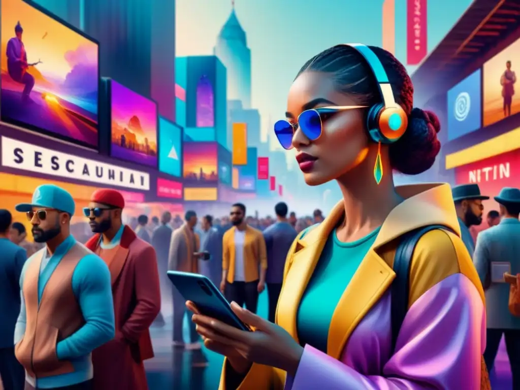 Una escena vibrante de artistas creando NFTs en dispositivos digitales, rodeados de tokens flotantes en un mercado de arte futurista