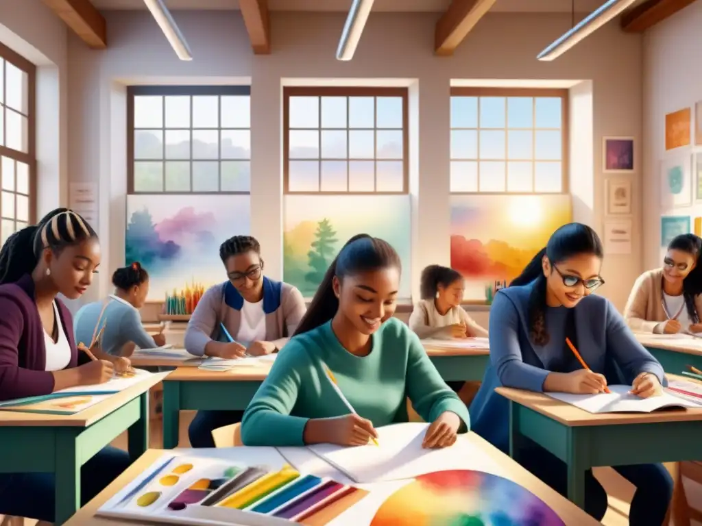 Una escena vibrante de diversidad cultural en un aula de arte, donde estudiantes colaboran en proyectos creativos