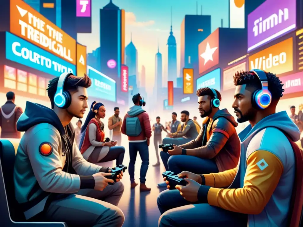 Una escena vibrante de diversidad y emoción: jugar videojuegos en una ciudad futurista