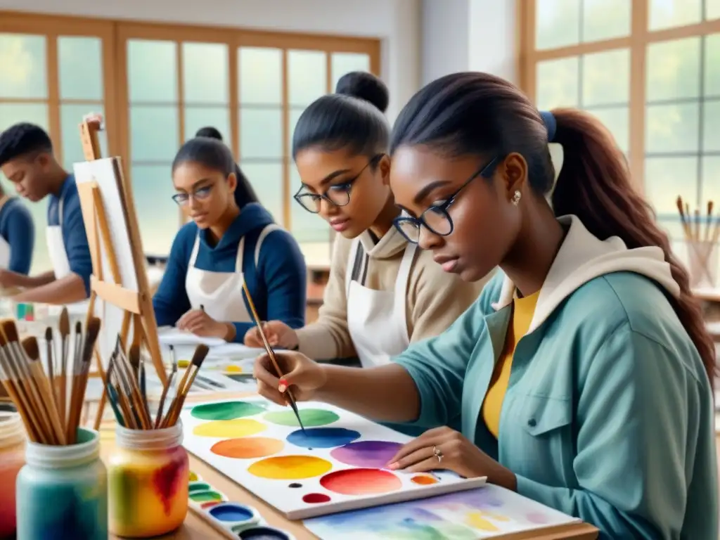 Clase de pintura: estudiantes creativos en acción Escena vibrante de enseñanza de técnicas de pintura en alegre aula de estudiantes concentrados en sus lienzos
