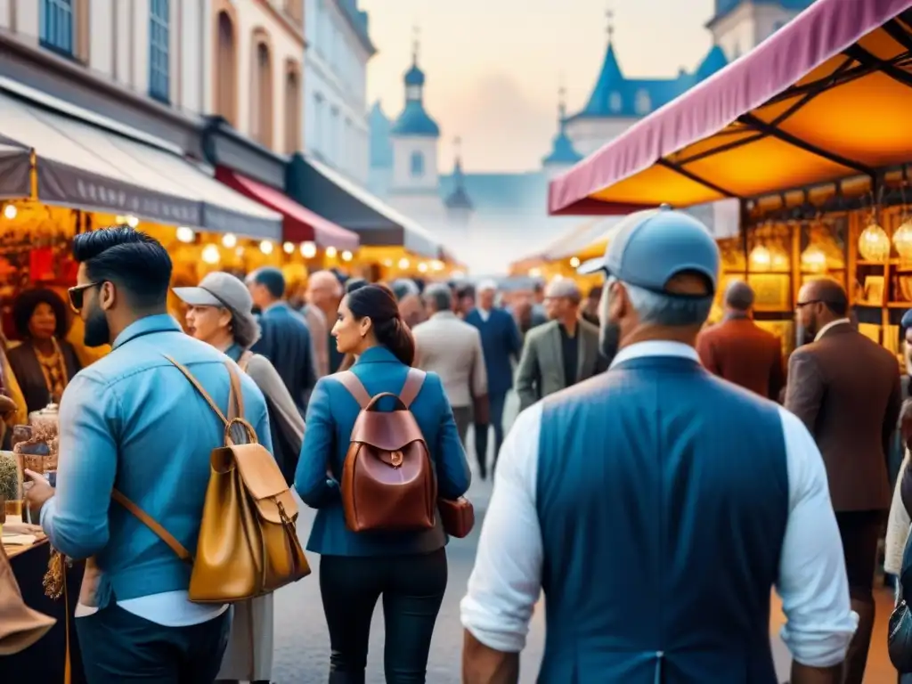 Escena vibrante de una feria de arte, con obras coloridas y gente diversa, reflejando la importancia de las ferias de arte en la formación de precios