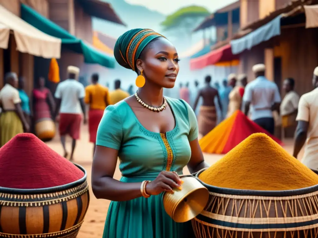 Una escena vibrante de un mercado africano, con personas vendiendo artesanías y textiles coloridos, bailando y tocando tambores