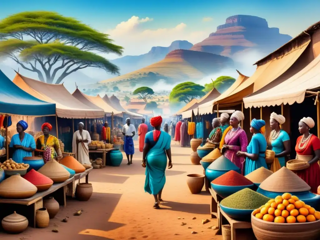 Una escena vibrante de un mercado africano en acuarela muestra expresión cultural e historia con textiles, cerámica y máscaras tradicionales