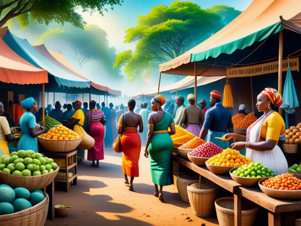 Una escena vibrante de mercado africano en una pintura detallada, capturando la vida contemporánea africana