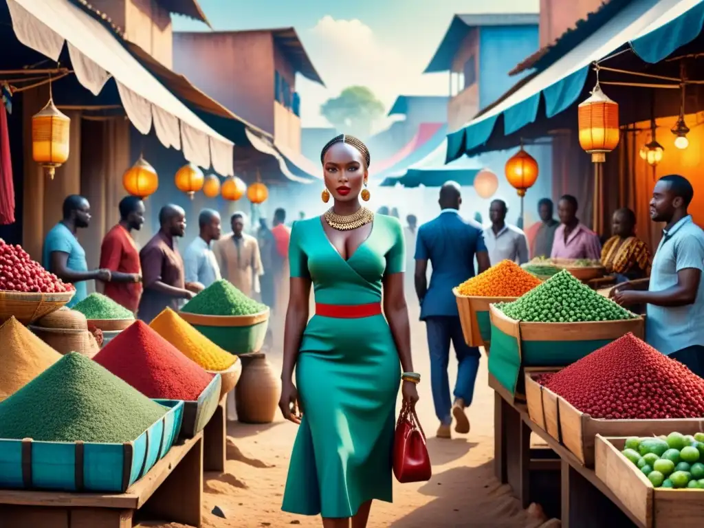 Una escena vibrante de un mercado africano, lleno de diversidad y color