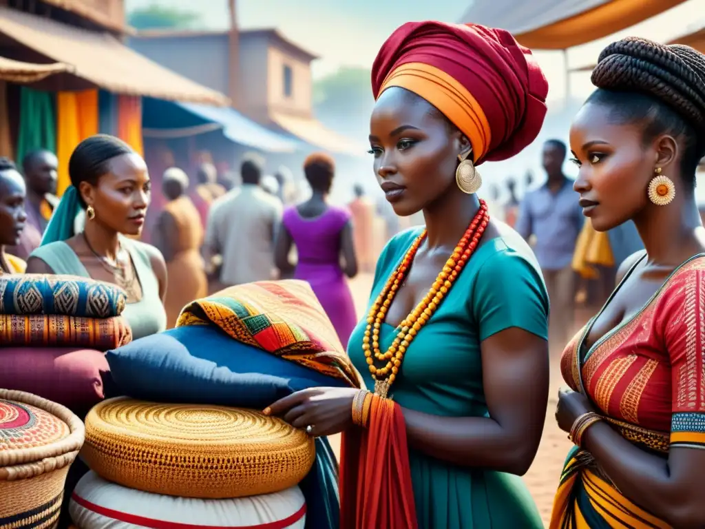 Una escena vibrante de un mercado africano con mujeres, textiles coloridos y patrones intricados