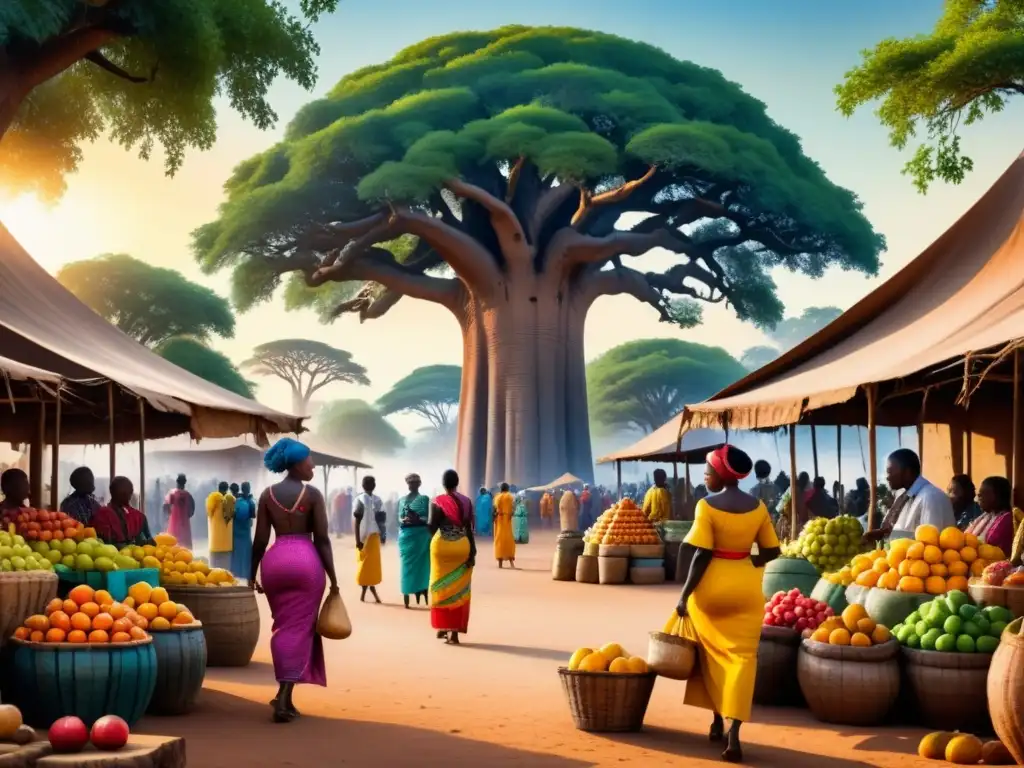 Escena vibrante de mercado africano con colores y texturas, capturando el arte visual en África