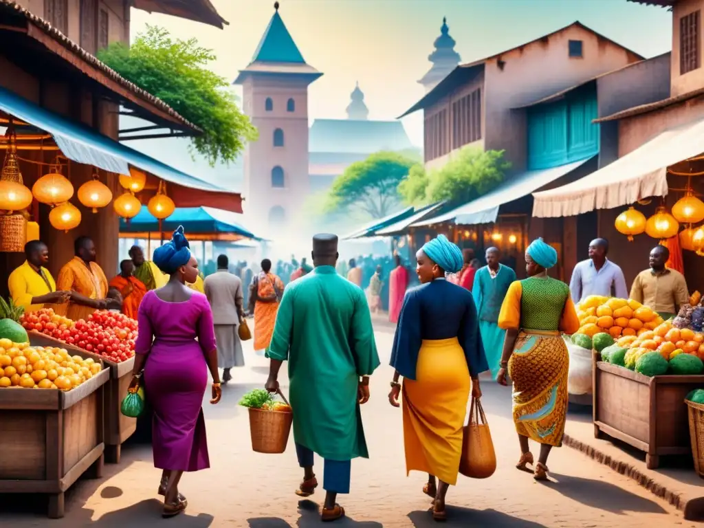 Escena vibrante de mercado africano, con personas en ropa tradicional, arte contemporáneo y arquitectura detallada