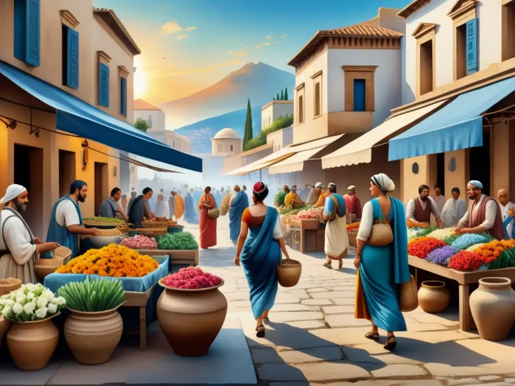 Una escena vibrante de mercado en la antigua Grecia: arte visual, belleza transitoria e historia se entrelazan bajo el cálido sol mediterráneo