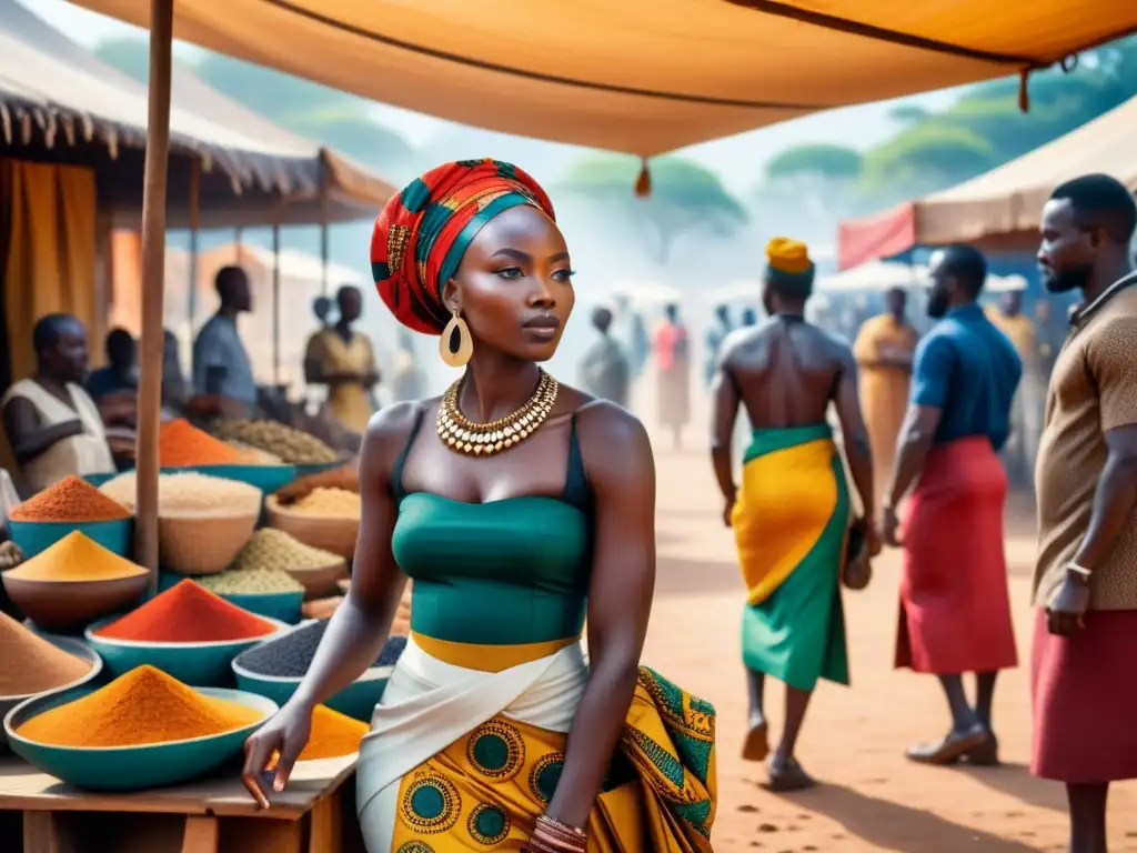 Escena vibrante de mercado de arte africano con jóvenes artistas y sus innovadoras obras bajo toldos coloridos