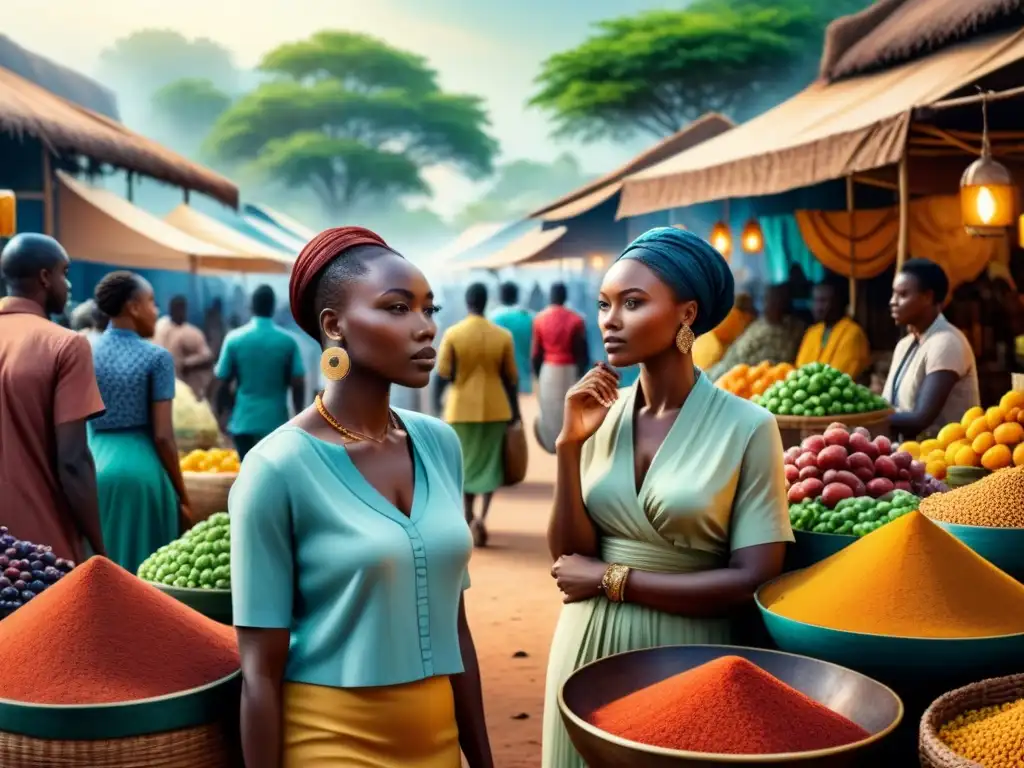 Una escena vibrante de mercado en África con arte africano inspirado en elementos naturales como tonos terrosos y exuberante vegetación