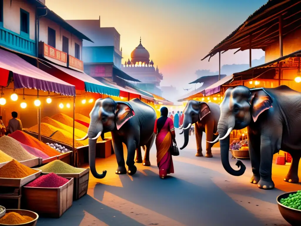 Escena vibrante de mercado indio con pigmentos arte visual India, gente colorida y elefantes majestuosos al atardecer