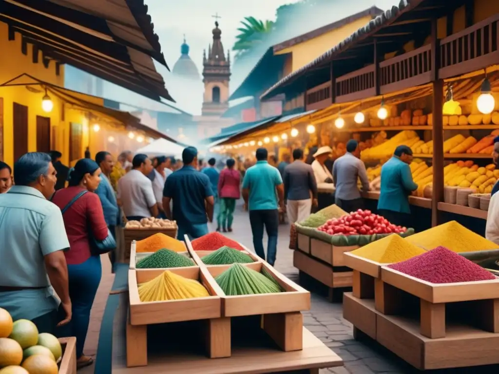 Escena vibrante en mercado latino con artesanos tallando diseños en madera