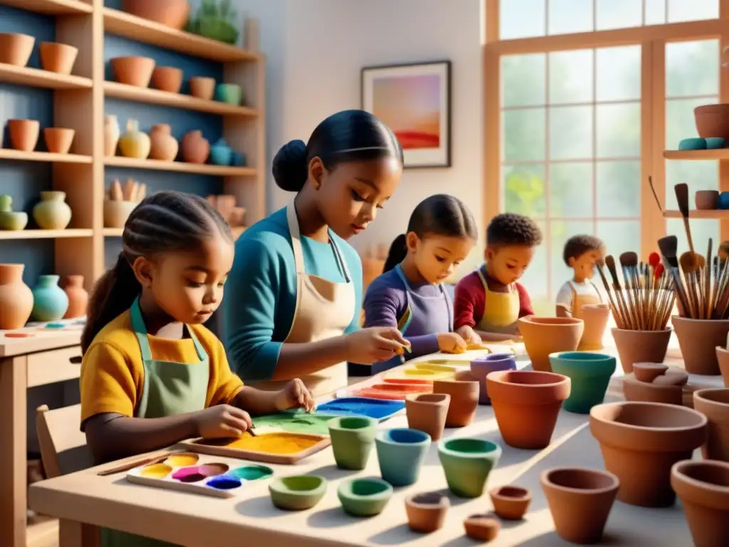 Una escena vibrante de niños de distintos orígenes esculpiendo con arcilla en un estudio de arte soleado