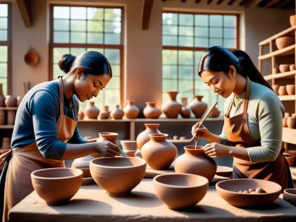 Una escena vibrante en un taller de alfarería donde artesanos trabajan juntos, reflejando la expresión social de la alfarería