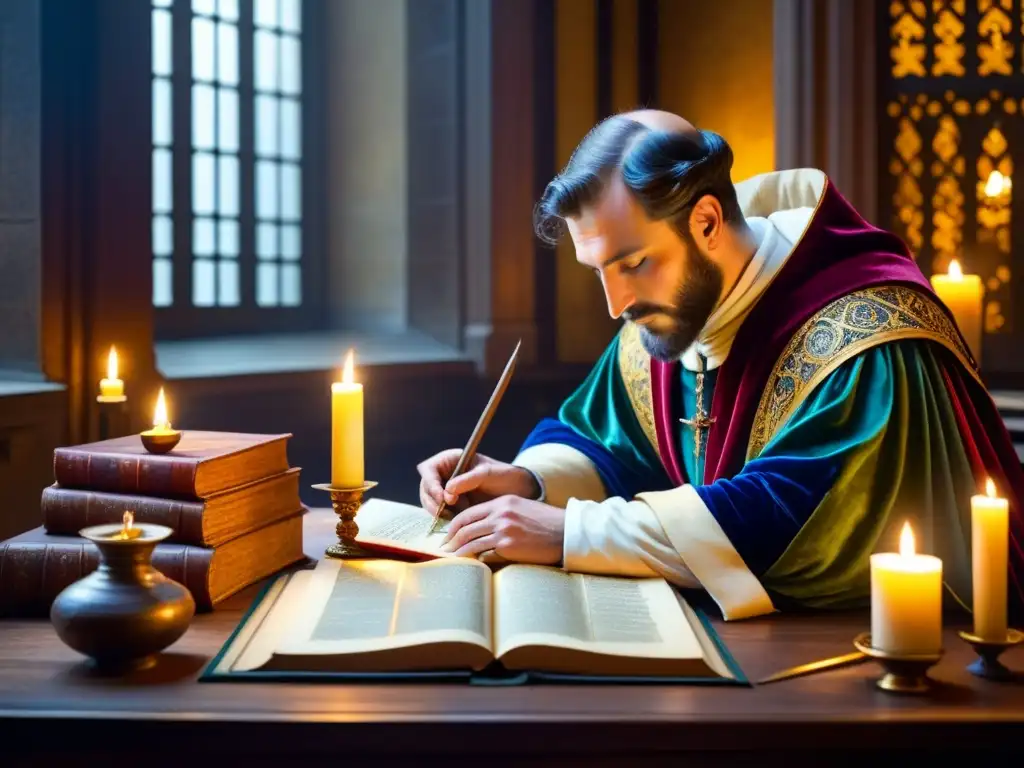 Un escriba medieval transcribe un manuscrito iluminado en un scriptorium, evocando el Renacimiento