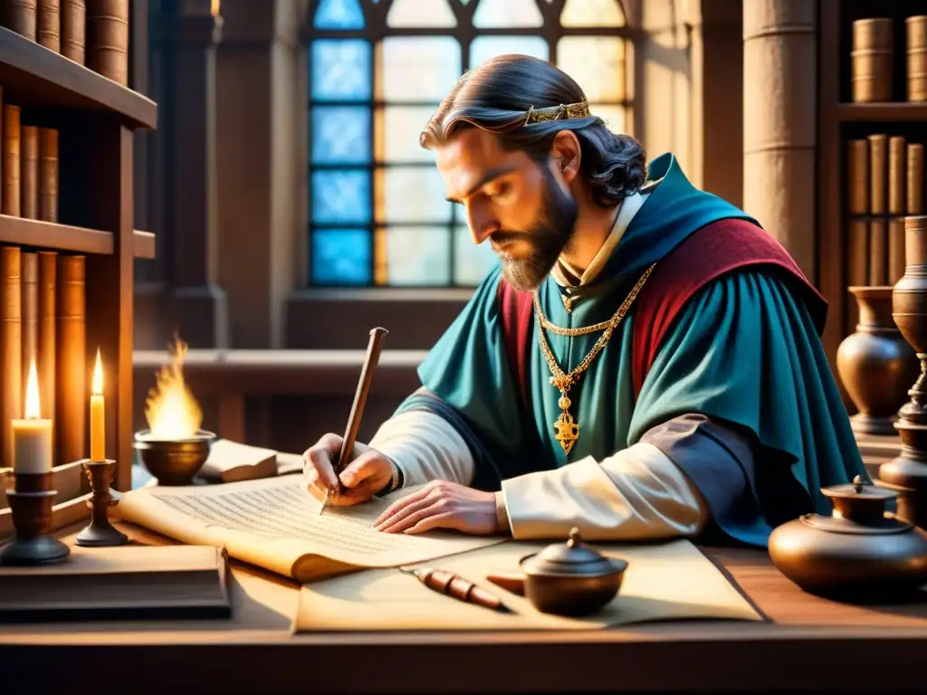 Un ilustración acuarela de un escriba medieval en un scriptorium, rodeado de pergamino, plumas y tinteros