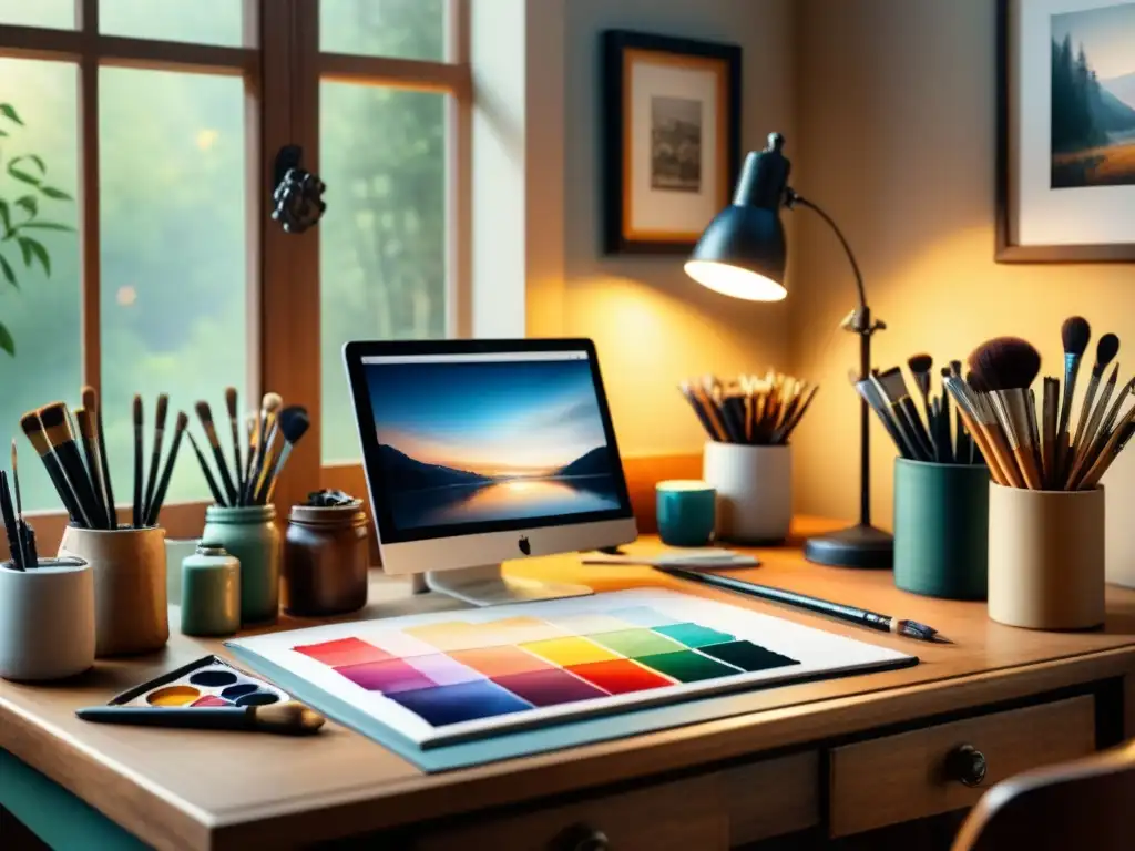 Acogedor espacio de arte mixto: tradicional y digital Un escritorio de artista vintage, con suministros tradicionales y tecnológicos