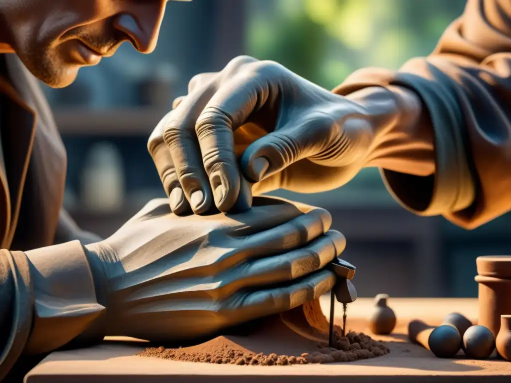 Un escultor moldea con destreza una figura de arcilla, capturando el realismo en escultura técnicas con maestría