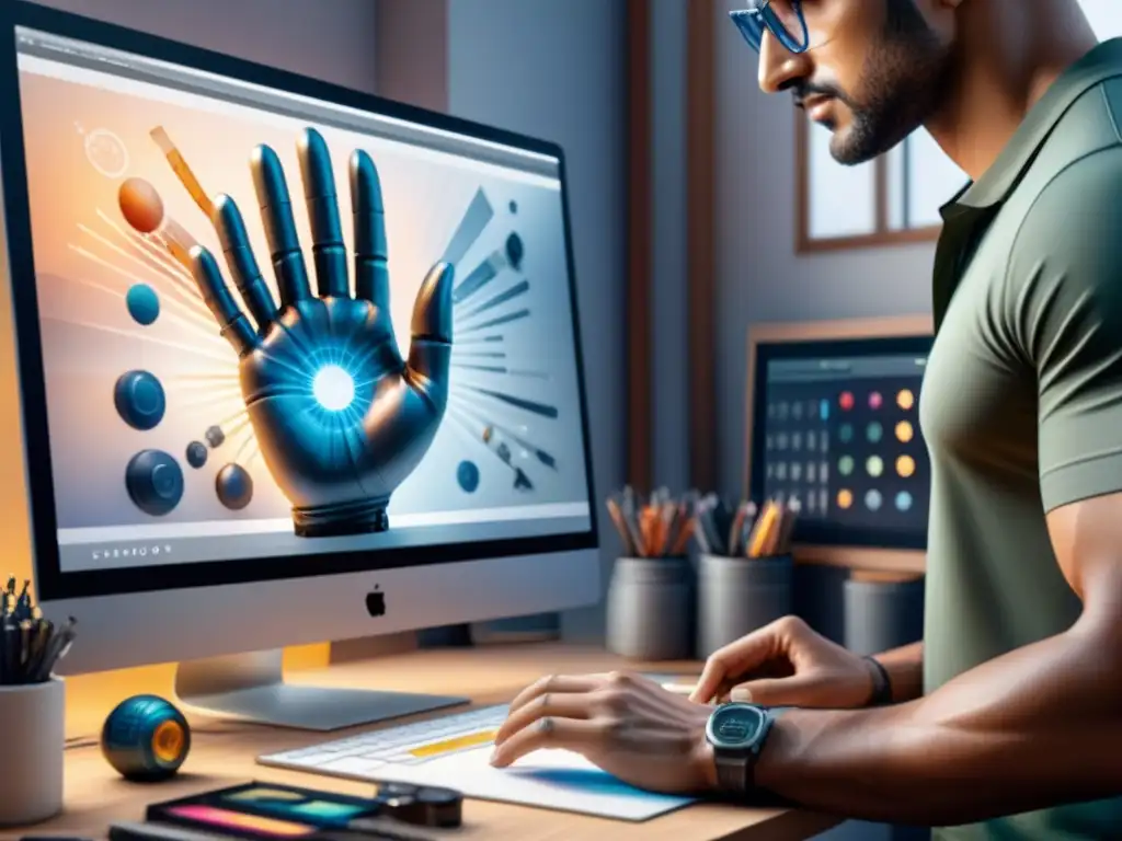 Creación futurista: manos artísticas modelando en 3D Un escultor digital concentra su creatividad en técnicas impresión 3D artistas visuales