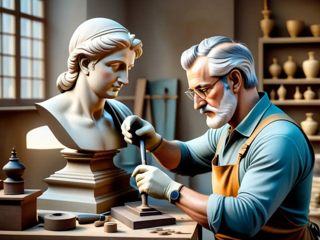 Un escultor restaurando una estatua clásica con precisión y cuidado en un taller de restauración de arte