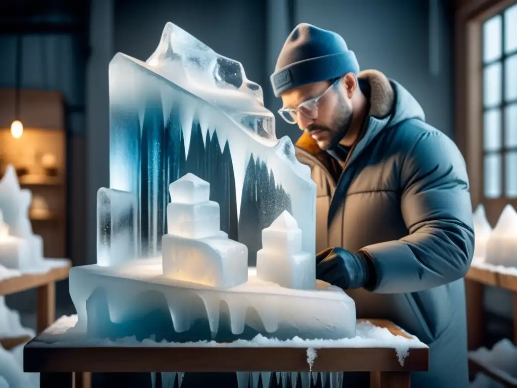 Un escultor de hielo experto talla con precisión una intricada figura en un bloque de hielo, con técnicas de escultura hielo efímeras