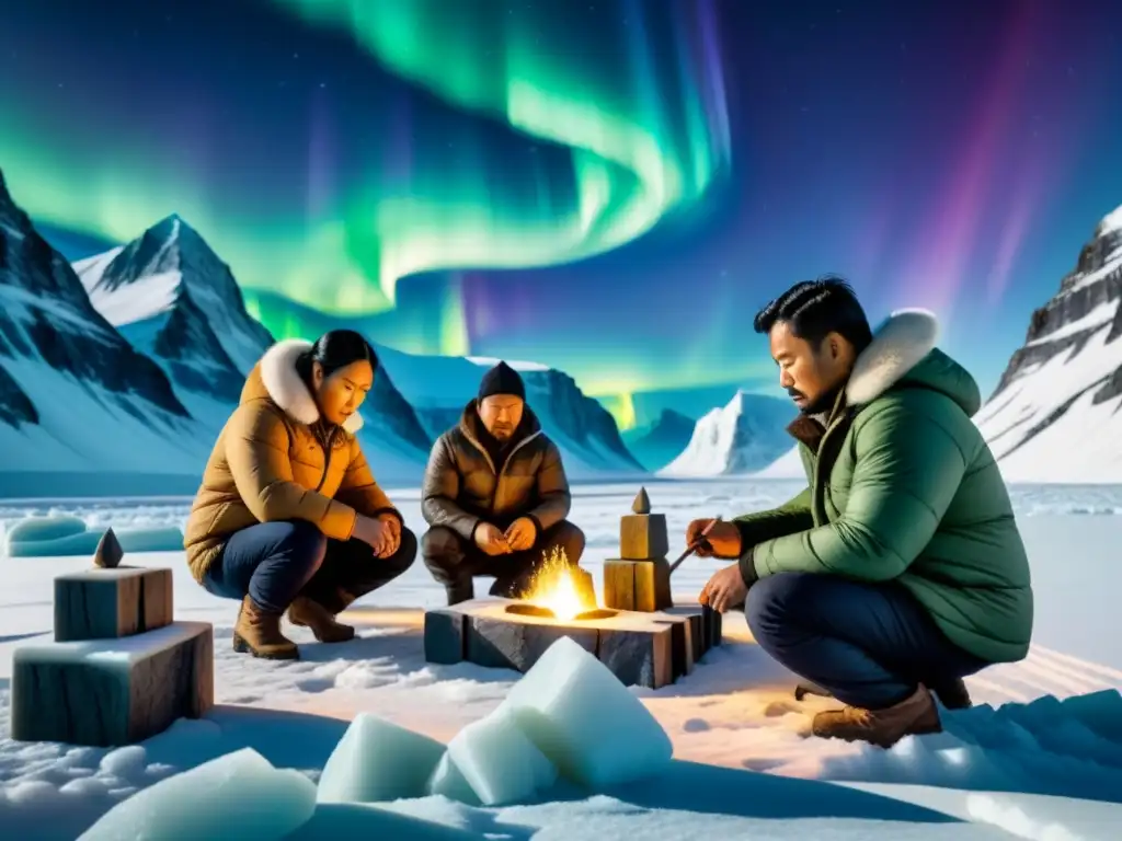 Escultores inuit tallando piedra, rodeados de paisajes helados y auroras boreales, reflejando el legado arte inuit esculturas modernas