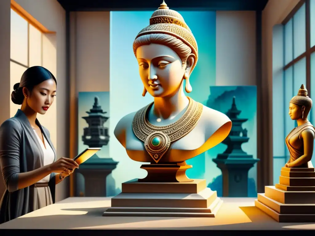 Reproducción en 3D de escultura antigua: fusión de arte y tecnología Una escultura antigua delicadamente replicada por una impresora 3D, fusionando arte tradicional con tecnología