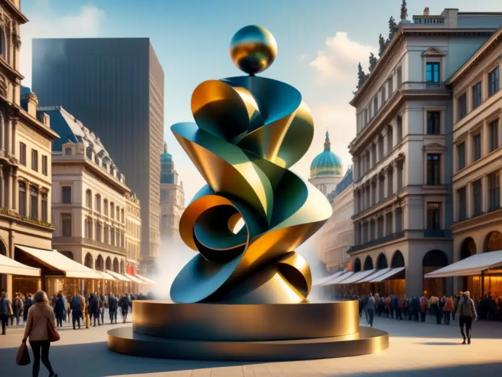 Una escultura arte visual tridimensionalidad destaca en la plaza de la ciudad, con formas geométricas y curvas fluidas