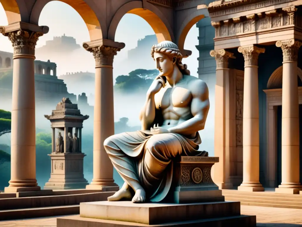 Escultura clásica con expresividad emocional en ruinas antiguas