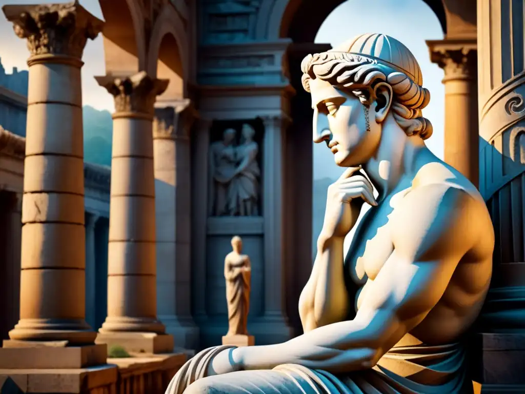 Una escultura clásica de expresividad emocional en acuarela detallada, con figura contemplativa en ruinas antiguas