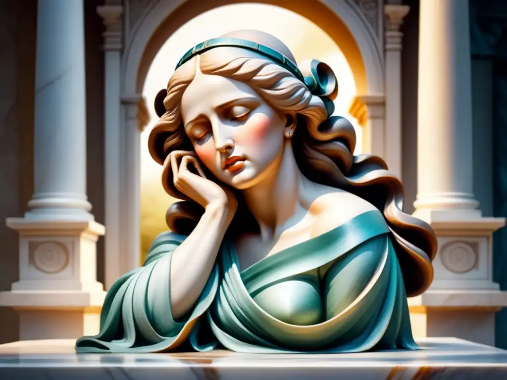 Escultura clásica de expresividad emocional: una mujer afligida en acuarela detallada