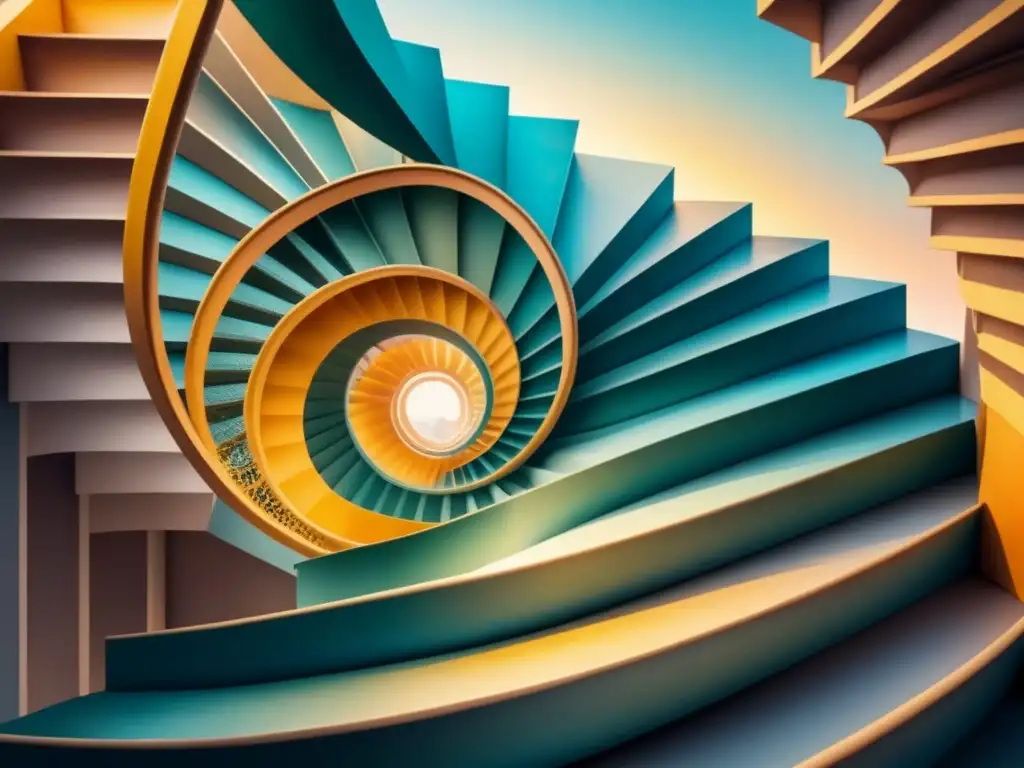 Escultura imposible de escalera en impresión 3D, colores vibrantes crean un mundo surrealista