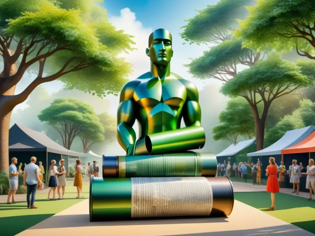 Sculptura ecoamigable: arte reciclado en detalle Una escultura majestuosa de materiales reciclados, con detalles intrincados y un diseño innovador en un parque verde lleno de vida