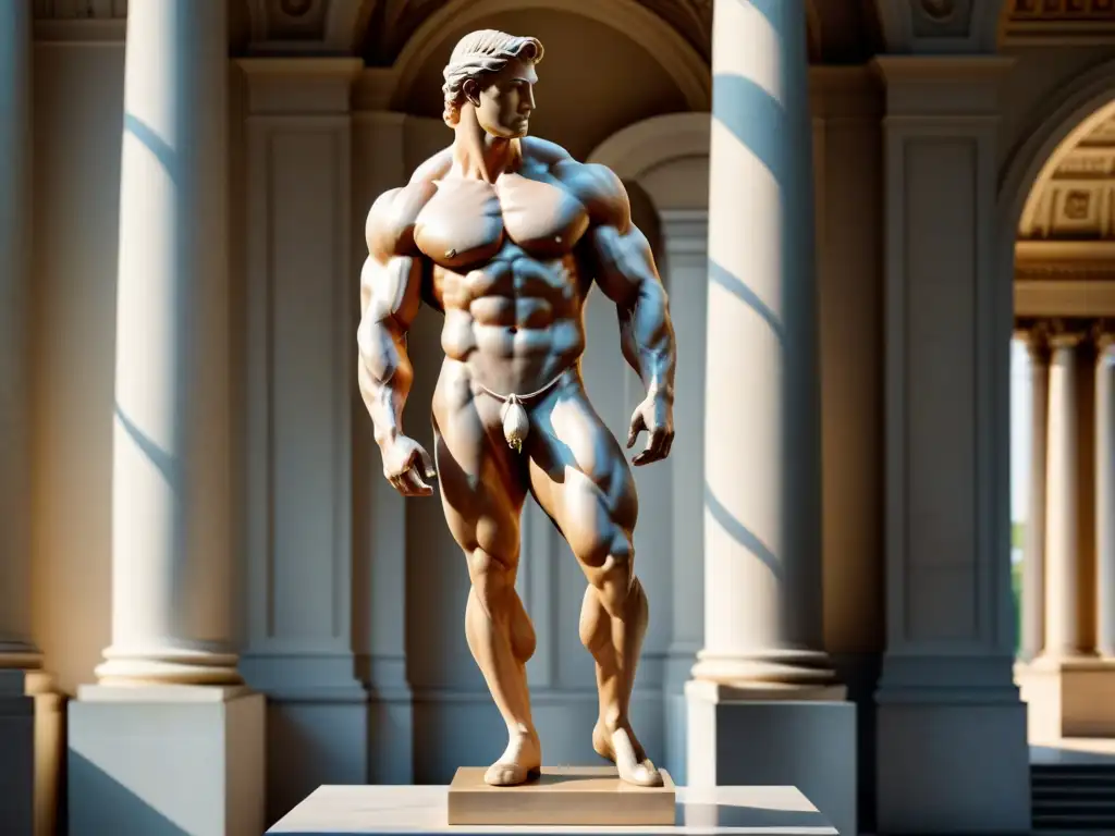 Escultura neoclásica de precisión anatómica: figura masculina musculosa esculpida en mármol con detalle y gracia