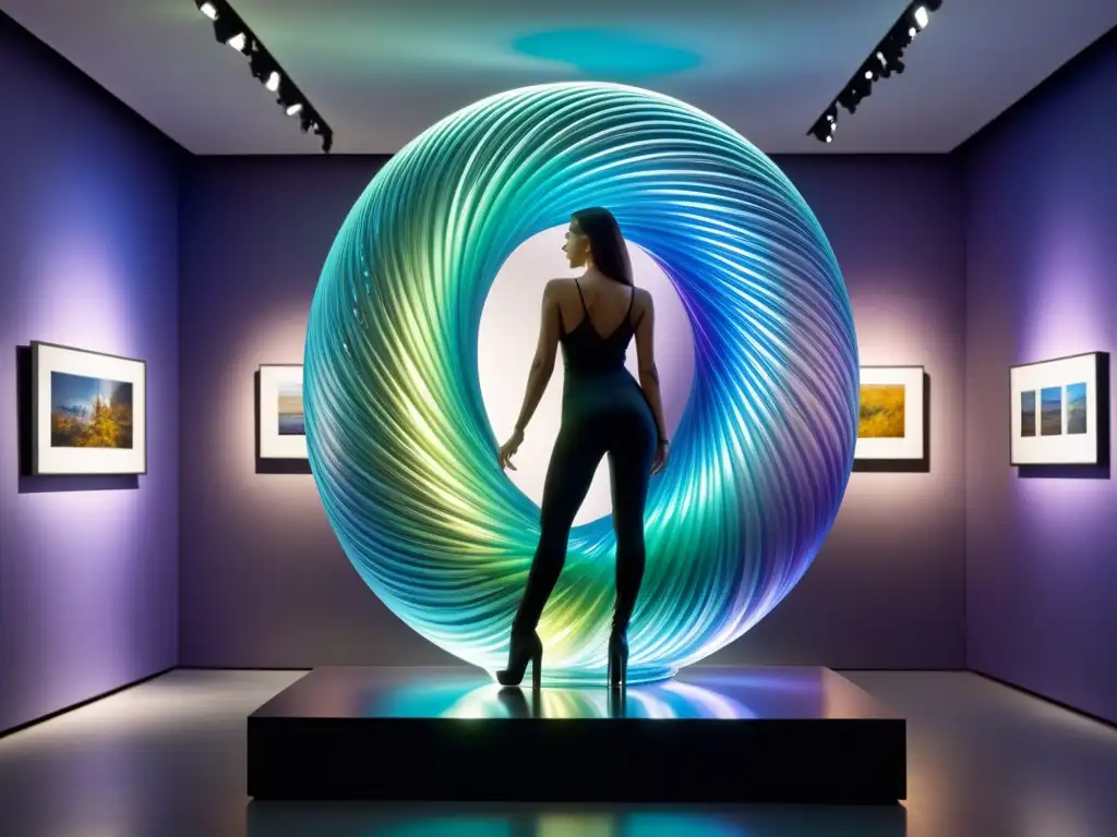 Una escultura de vidrio iluminada en una galería, fusionando colores y sombras en una danza hipnótica