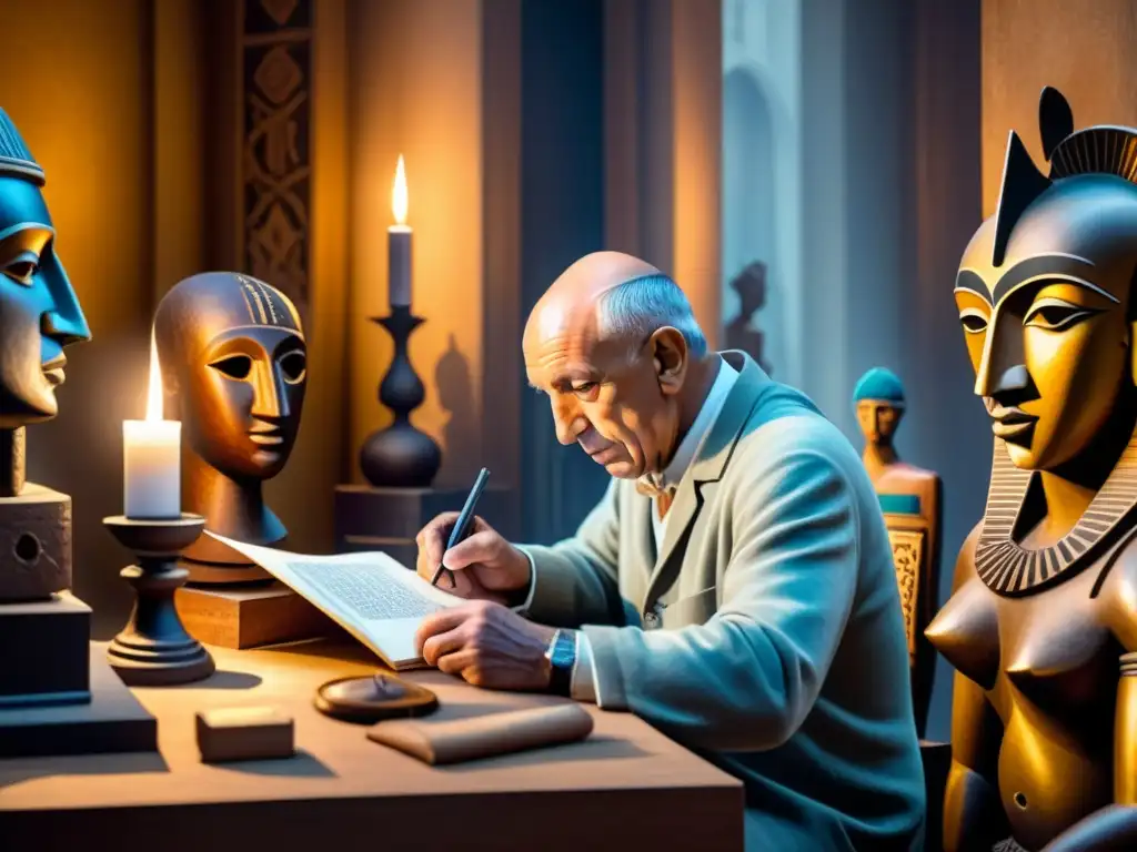 Pablo Picasso estudia esculturas tribales africanas en una habitación iluminada por velas