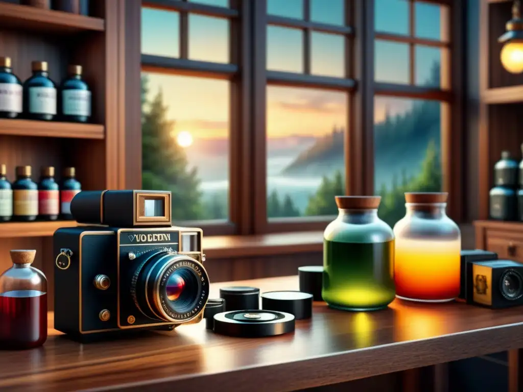 Un espacio creativo antiguo para fotografía analógica, con cámara vintage, químicos y luz suave