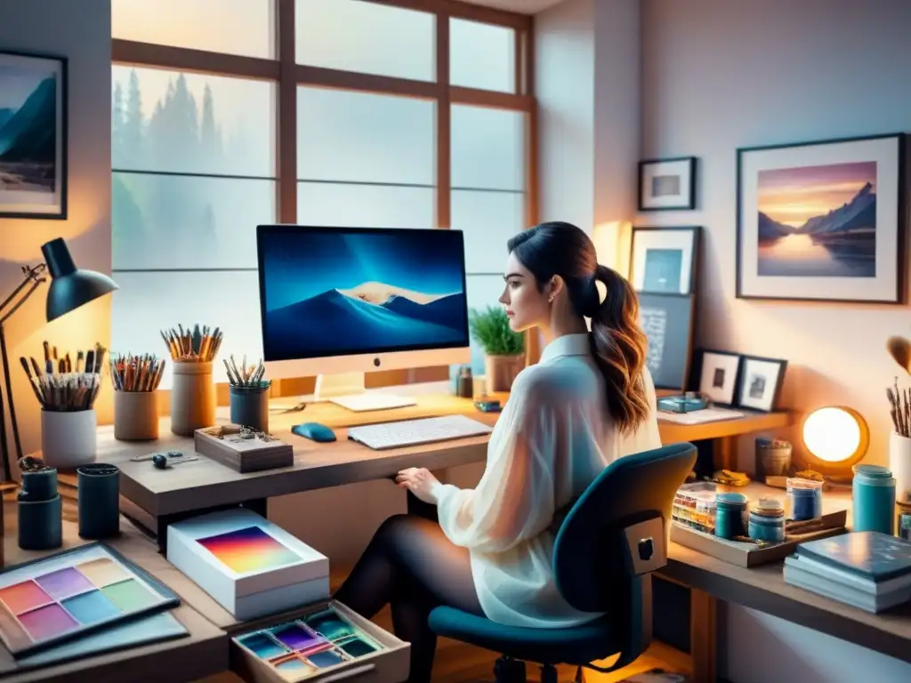 Espacio de trabajo de artista digital con arte vibrante en pantalla, suministros dispersos y luz natural