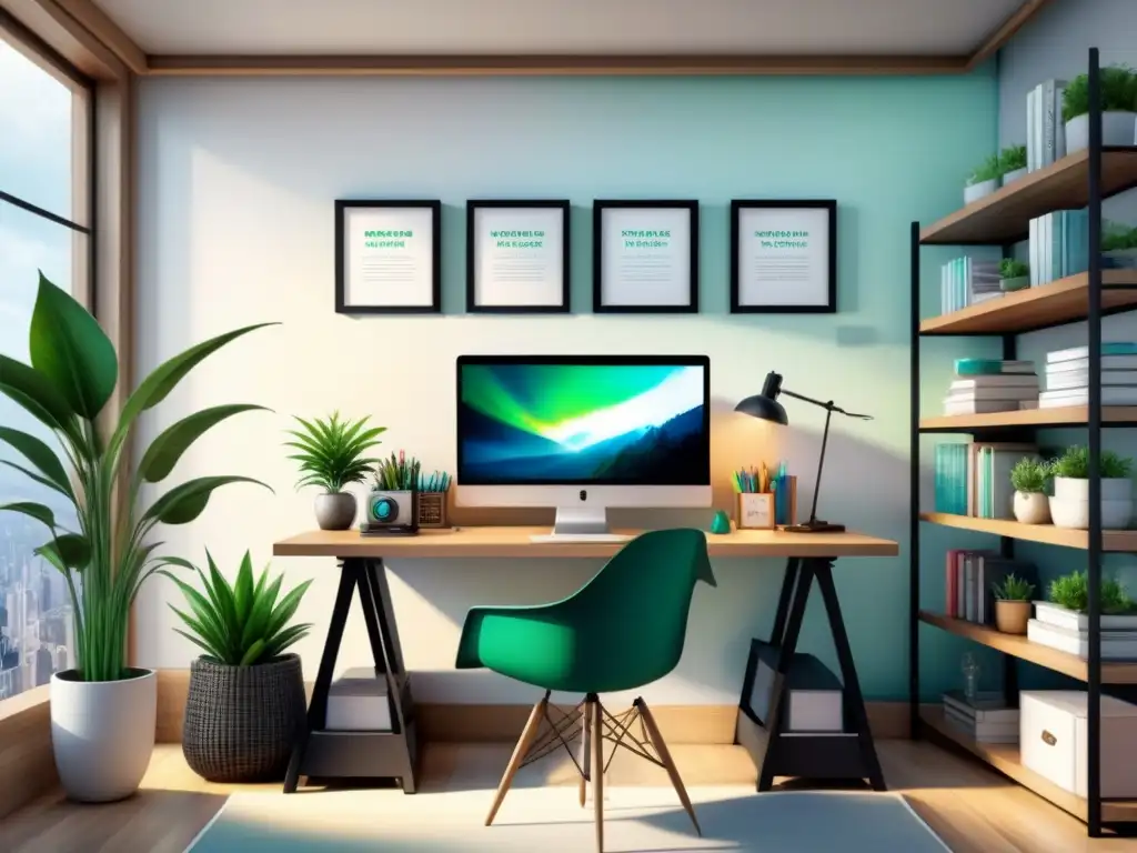 Un espacio de trabajo creativo y organizado: escritorio elegante, estaciónery colorida, silla ergonómica, tablero inspiracional, libros y planta verde