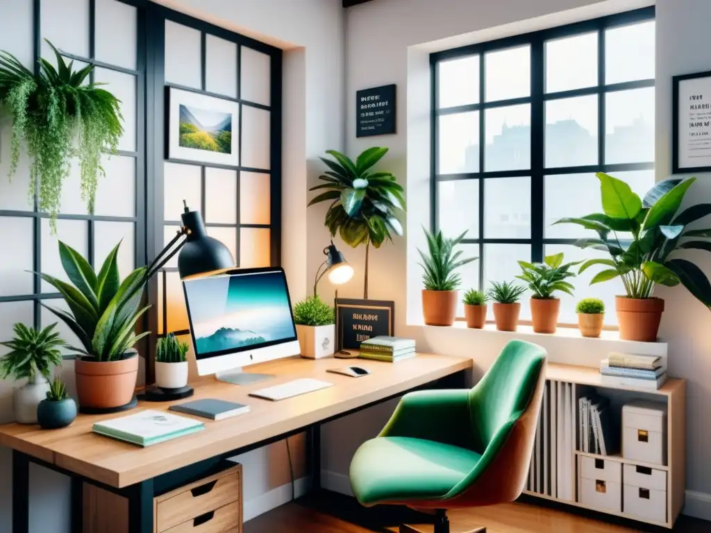 Un espacio de trabajo creativo y organizado con escritorio, plantas, sillas y luz natural