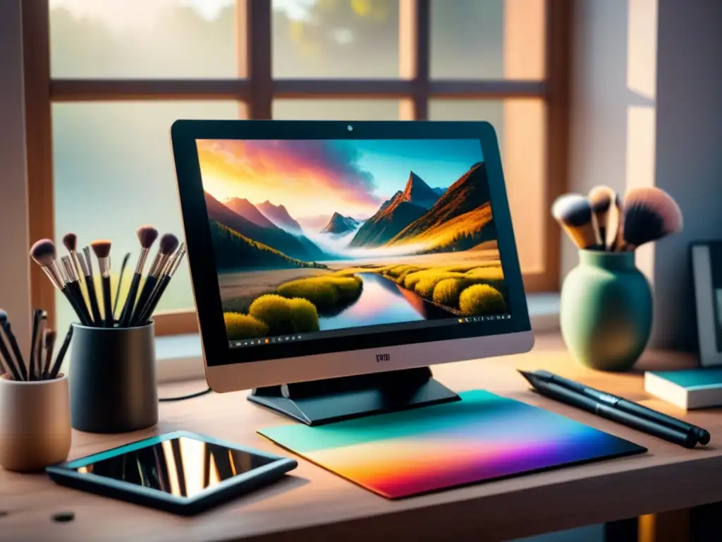 Un espacio de trabajo de ilustrador digital principiante con una tableta gráfica, monitor de alta resolución y paletas de acuarela