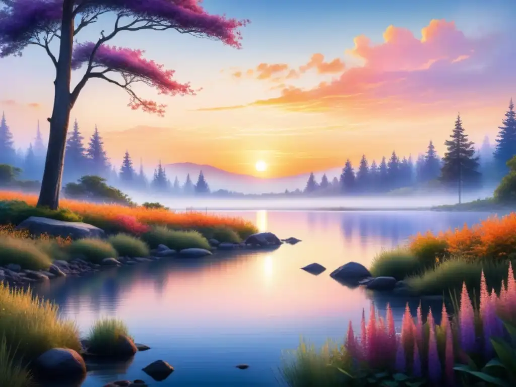 Espectacular pintura acuarela detallada de un atardecer sereno sobre un lago, reflejando colores vibrantes y luz, entre árboles verdes y cielo azul