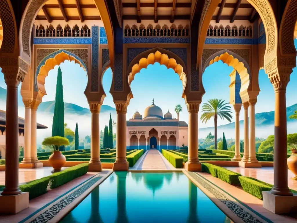 Espléndida pintura acuarela de la Alhambra en Granada, España, destacando la influencia del arte árabe en la Península Ibérica