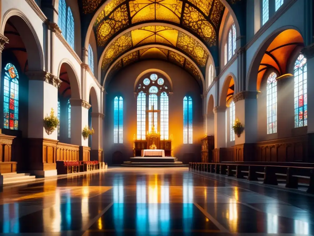 Esplendor de luz natural en iglesia barroca: vitrales, mármol y frescos reflejan serenidad y belleza