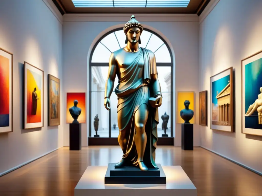 Estátua griega antigua en galería de arte contemporáneo Europa, mezcla de estilos clásico y moderno